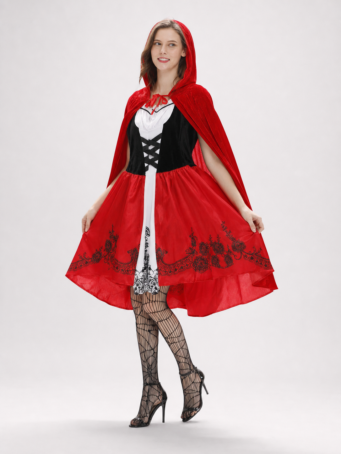 Dress with Hooded Cape, Red-and-Black Look