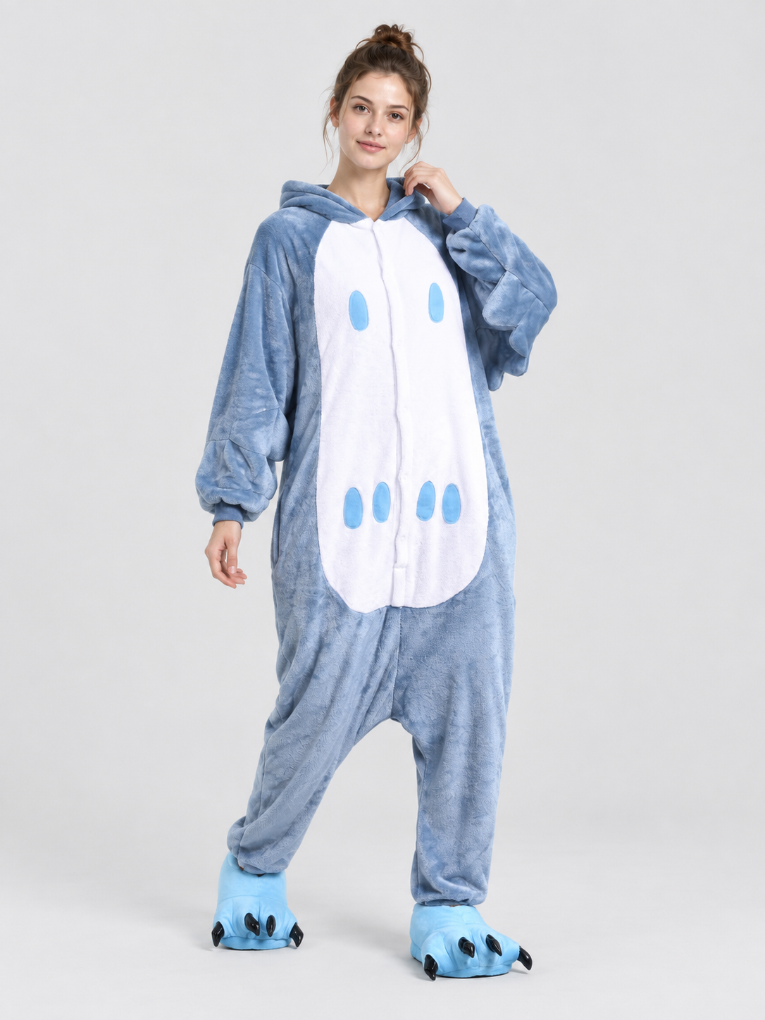 Gray-Blue Flannel Hooded Pajama Jumpsuit