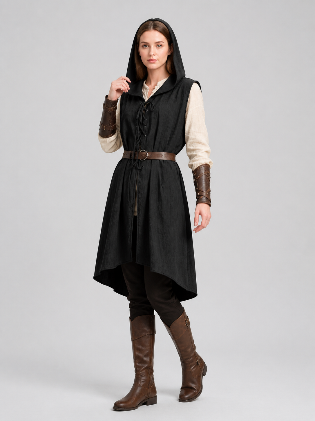 Black Medieval Hooded Dress with Belt