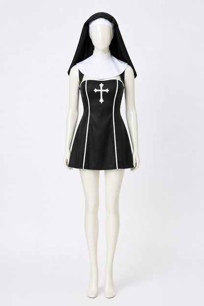 Nun costume with a cross and head covering for Halloween Costumes detail 2