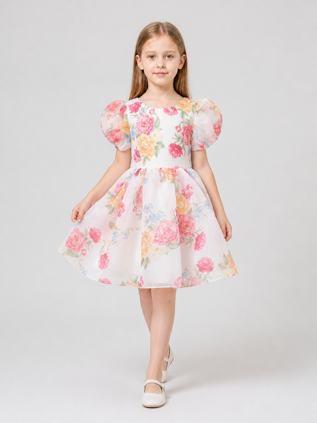 Children’s Dress with Floral Print and Puff Sleeves