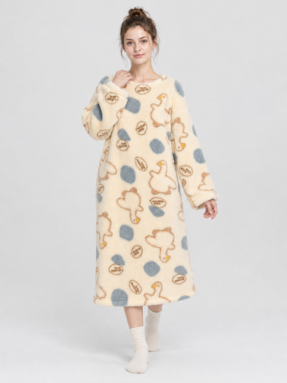 Long Loose Nightgown Cream Beige with Print
