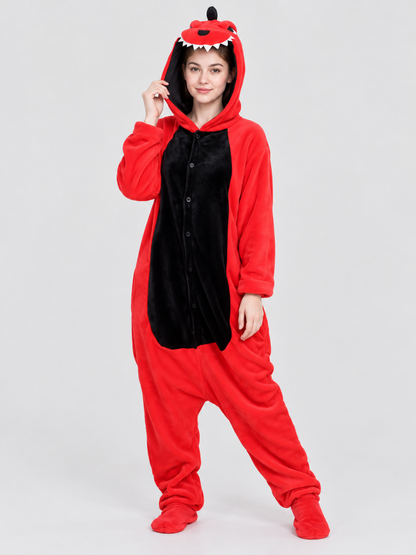 Red and black dragon onesie pajama with a voluminous hood