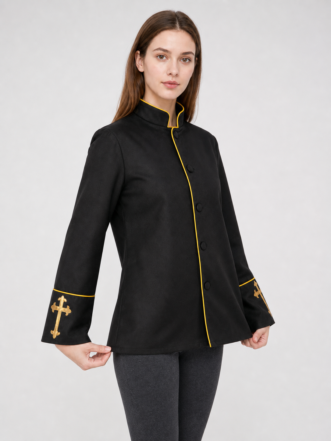 Black stand-collar jacket with gold trim