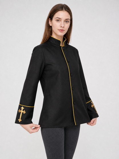 Black stand-collar jacket with gold trim
