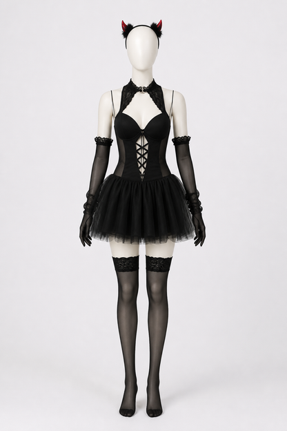 Black Devil Costume with Horns and a Flared Skirt Costumes detail 2