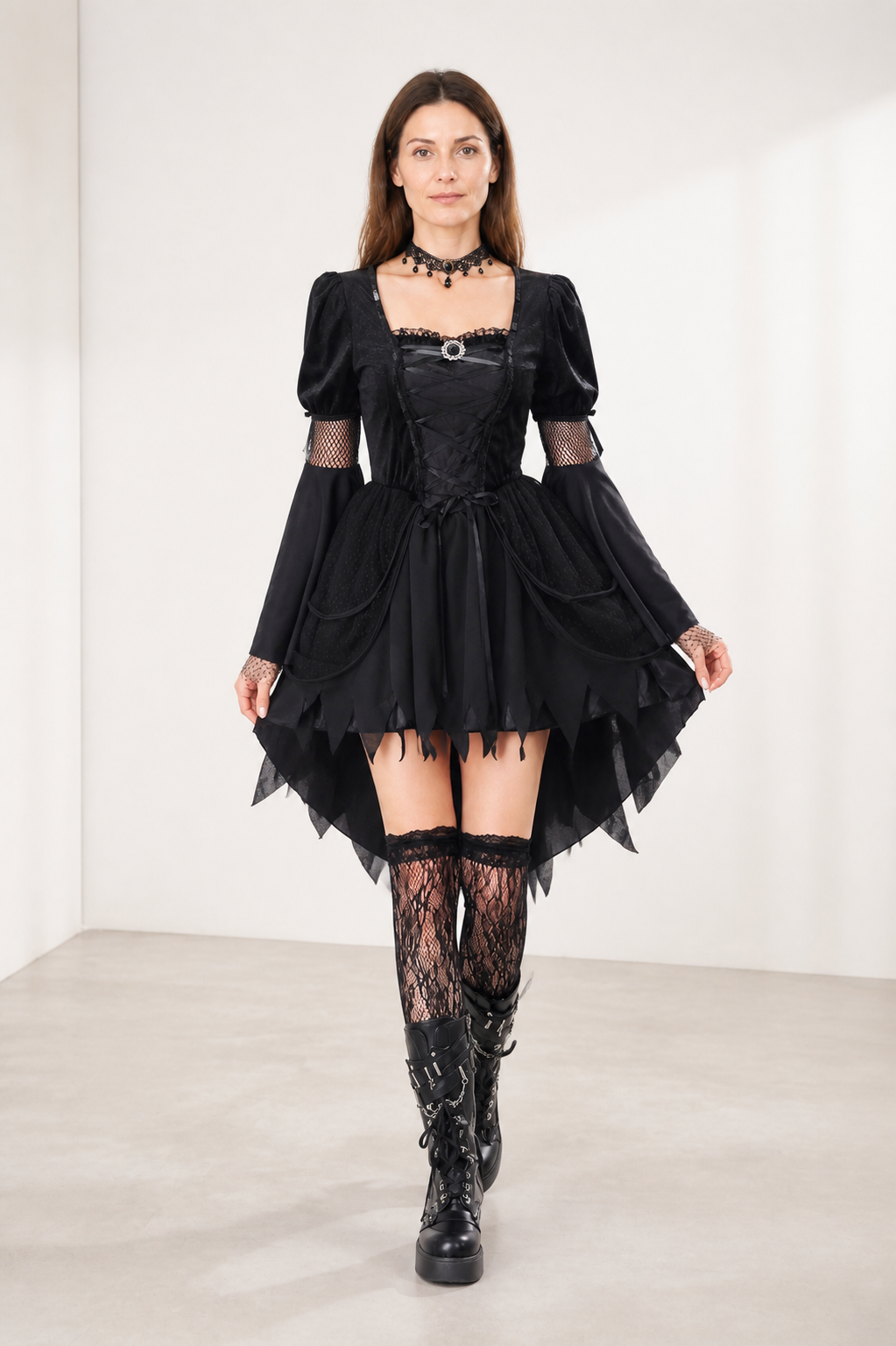 Black Gothic Dress with Asymmetrical Hem and Accessories Costume Dresses detail 2