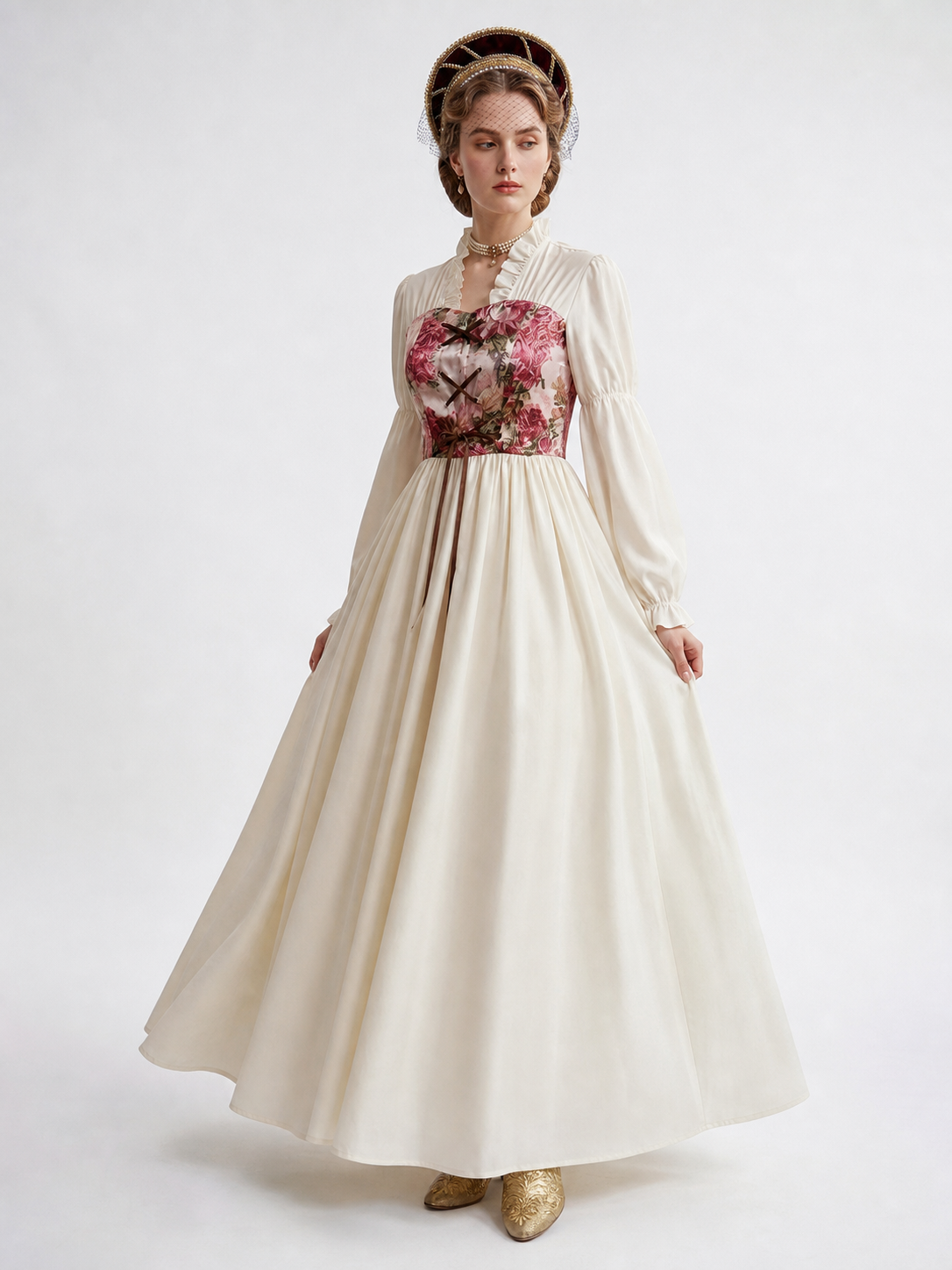 Retro-Style Dress with Floral Print and Lace-Up Front Costume Dresses detail 2
