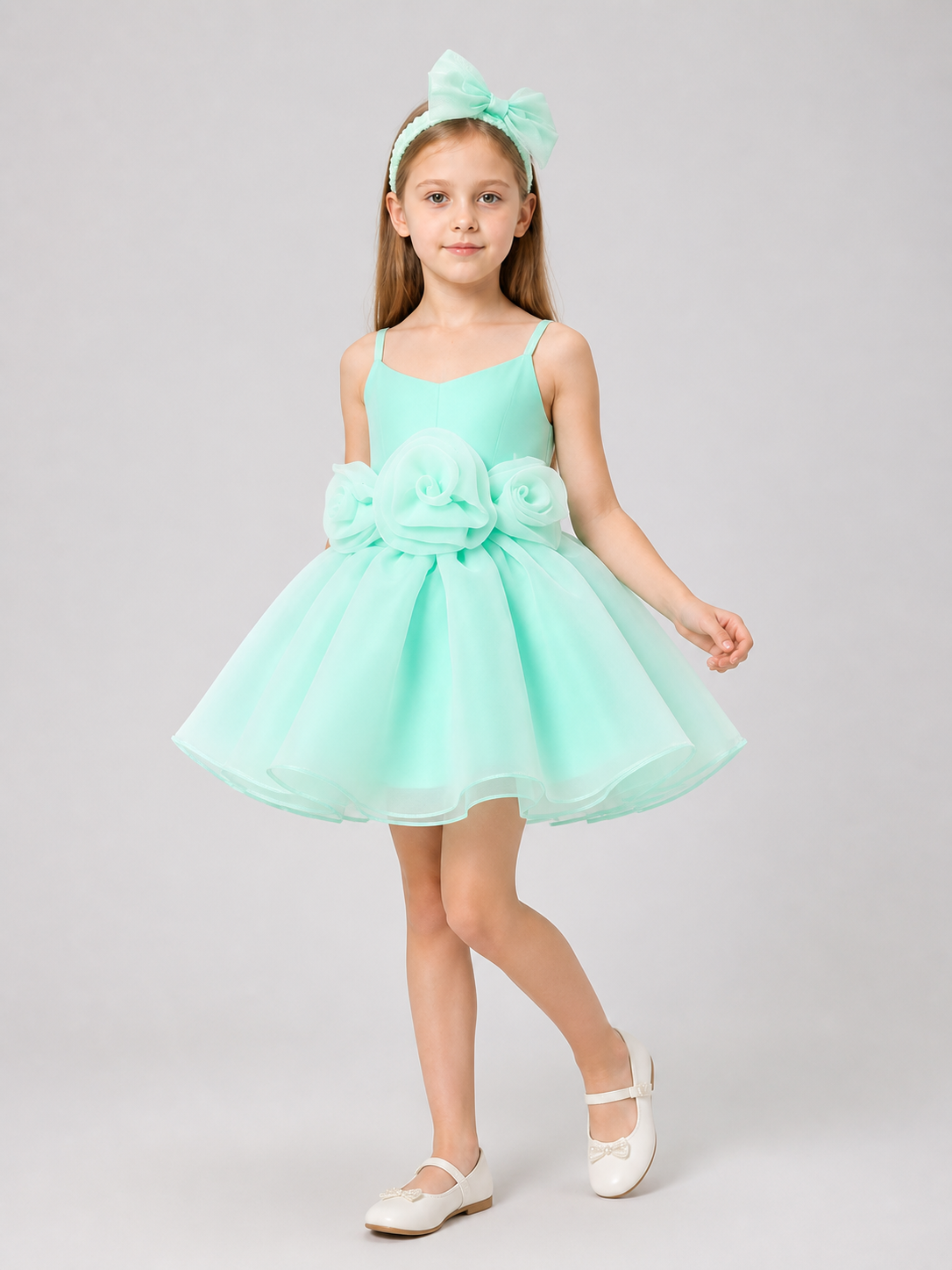 Short, Elegant Mint Dress with Roses and a Full Skirt Costume Dresses detail 2