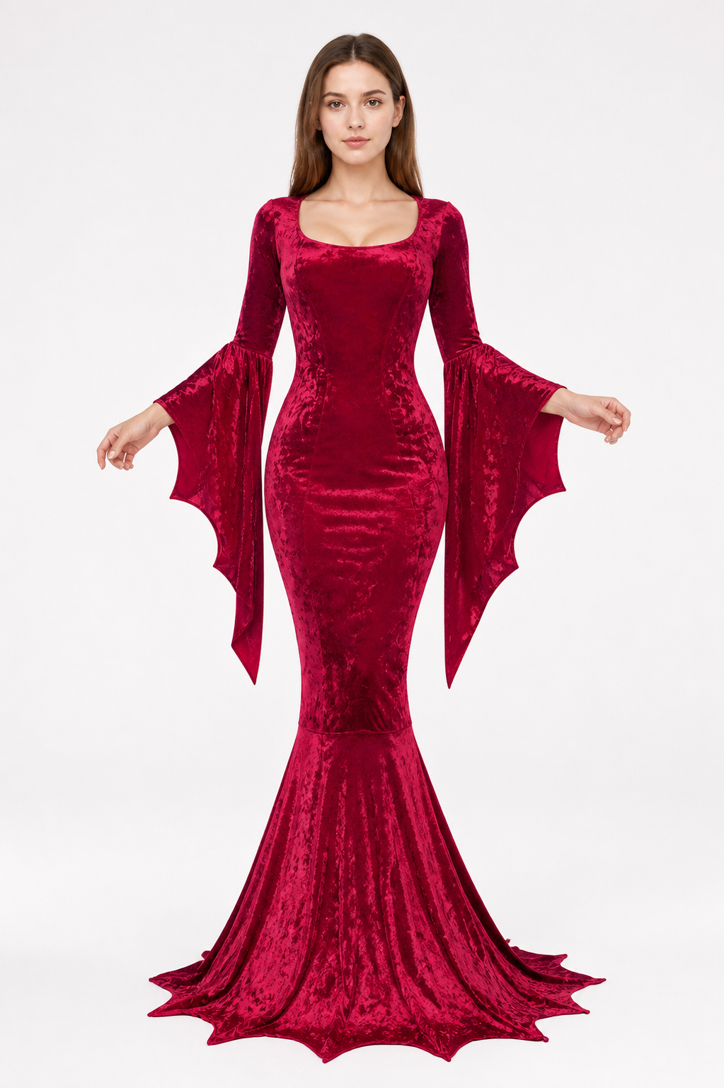 Long Burgundy Dress with Batwing Sleeves Costume Dresses detail 2