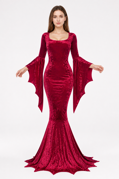 Long Burgundy Dress with Batwing Sleeves Costume Dresses detail 2