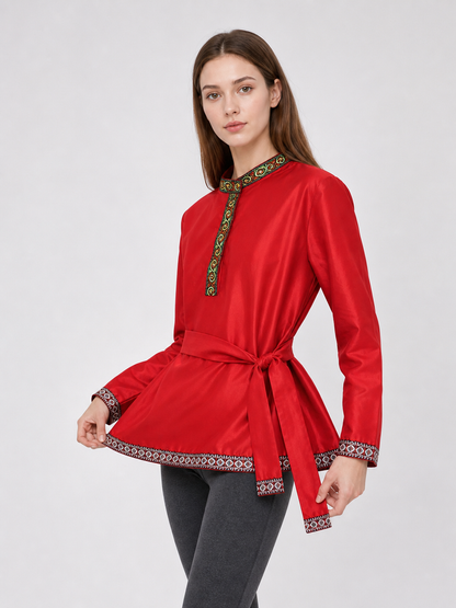 Red Tunic with Ornament, Stand-Up Collar, and Belt