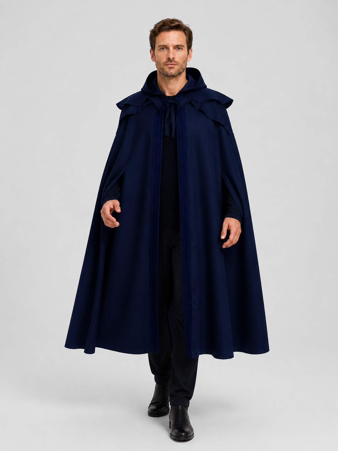 Long Blue Gothic Hooded Cloak with Ties Costume Capes detail 2