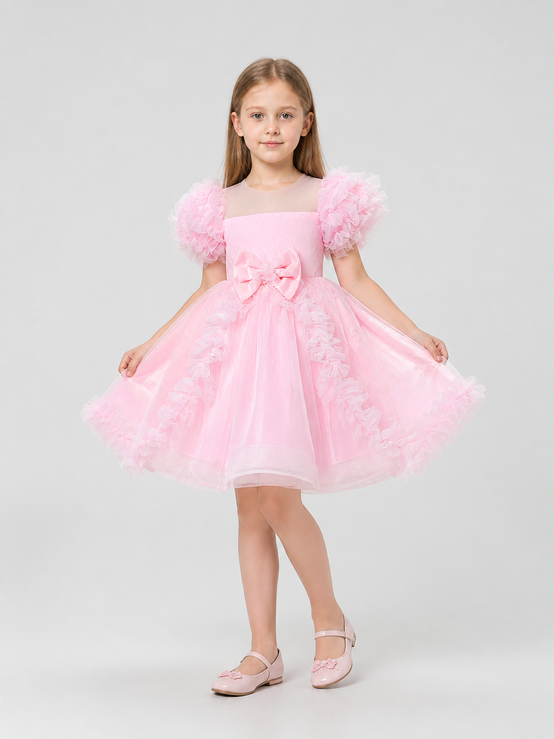 Pink Tutu Dress for Girls with Bow and Lace Trim Costume Dresses detail 2