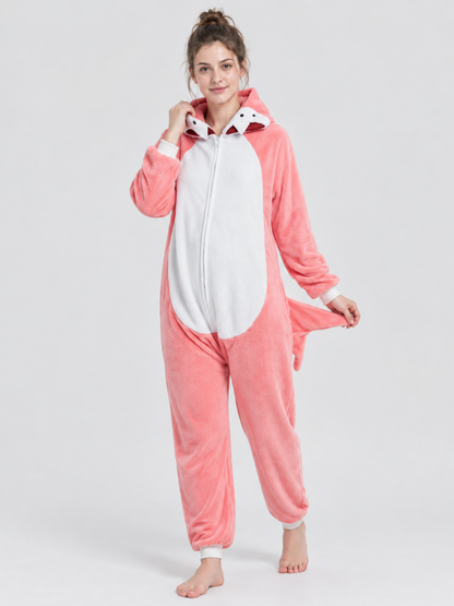Pink Fleece Hooded Pajama Jumpsuit with Tail