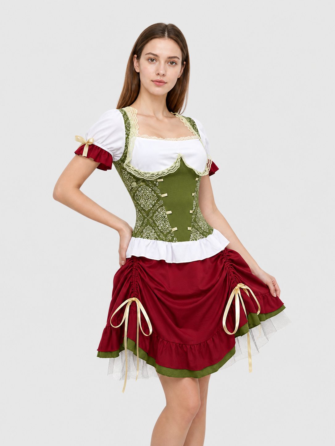 Costume with a corset-style top, skirt, hat, and ribbons