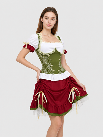 Costume with a corset-style top, skirt, hat, and ribbons