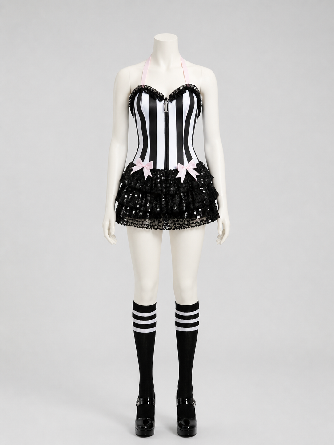 Black-and-White Striped Stage Costume with Pink Bow Costume Accessories detail 2