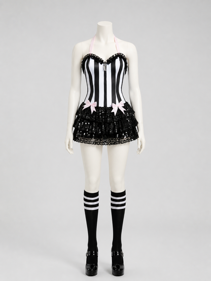Black-and-White Striped Stage Costume with Pink Bow Costume Accessories detail 2
