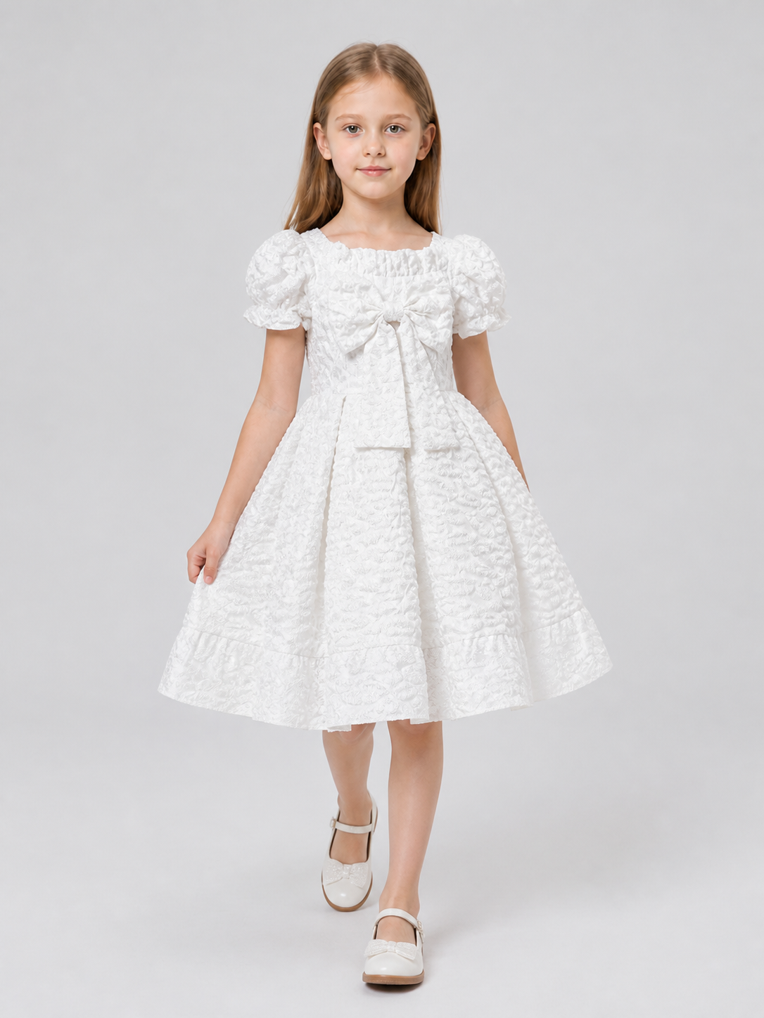 White Princess Dress with Puffy Sleeves and Bow Costume Dresses detail 2