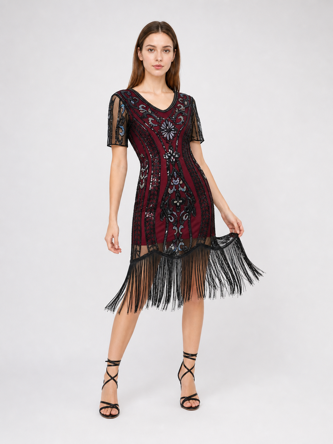1920s-Style Evening Dress with Fringe and Sequins
