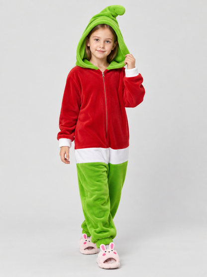 Red and green hooded zip-up pajama jumpsuit