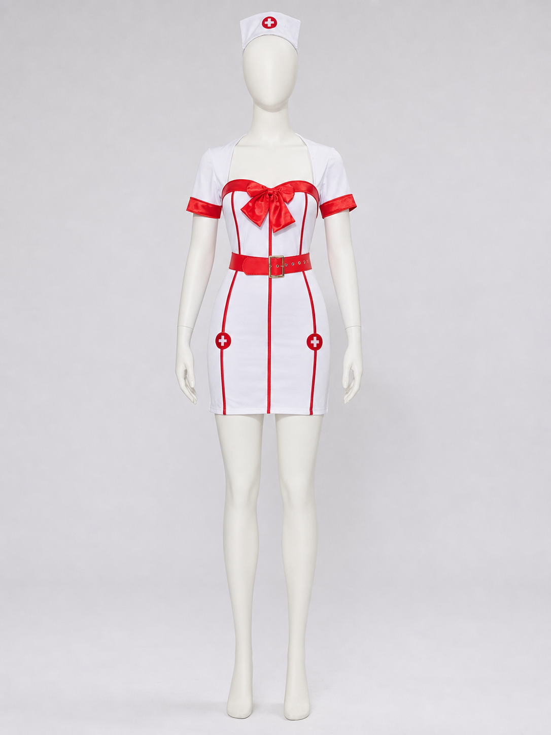 White-and-Red Nurse Costume with Bow and Belt
