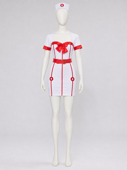 White-and-Red Nurse Costume with Bow and Belt