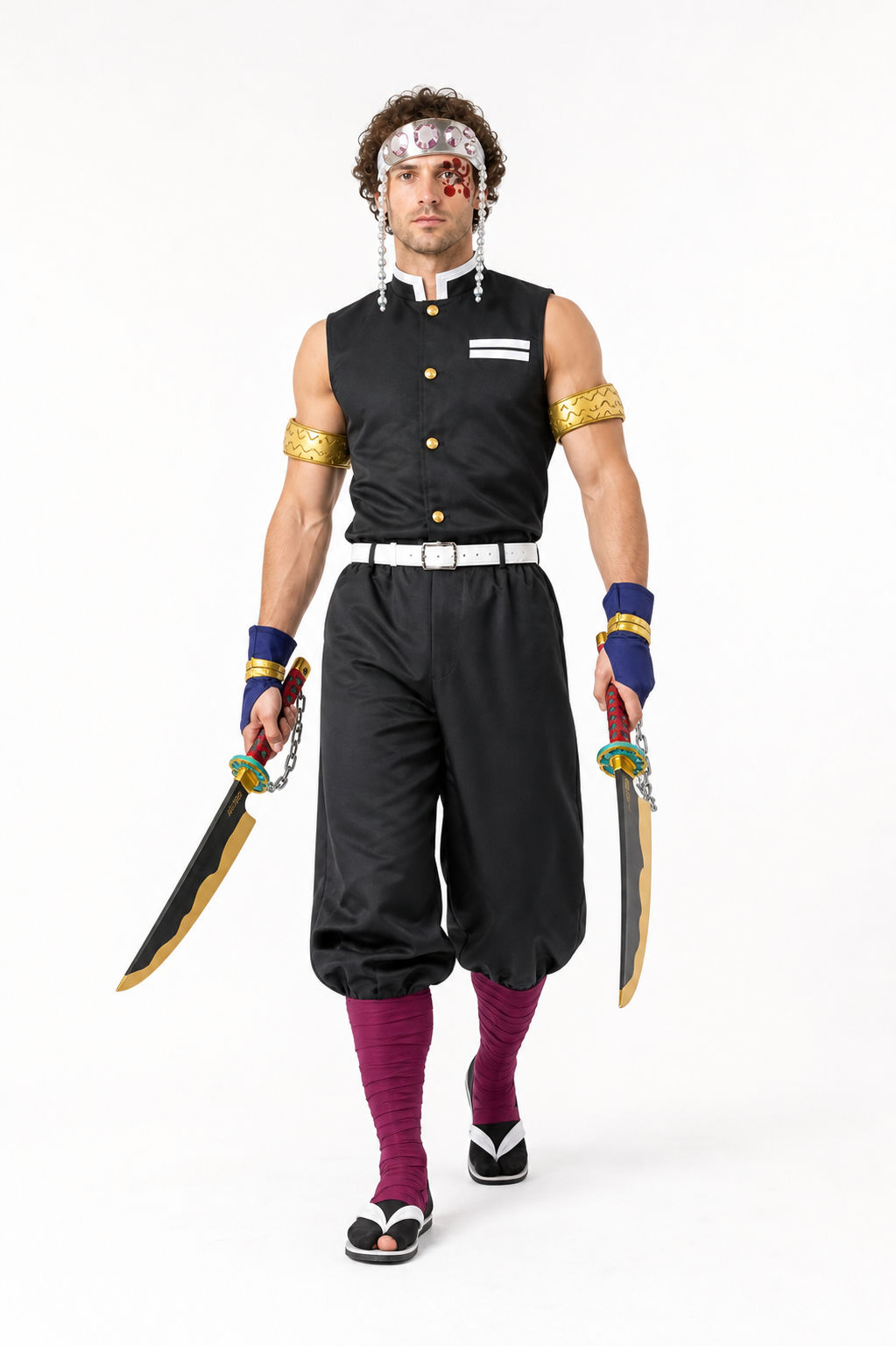 Tengen Uzui Cosplay Costume with Dual Swords for Halloween