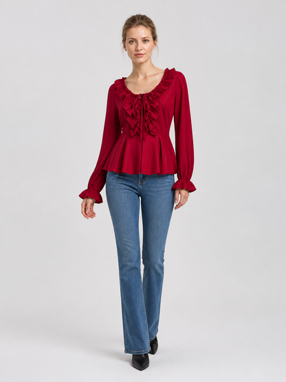 Red Renaissance-Style Ruffled Blouse for Halloween Costumes detail 2