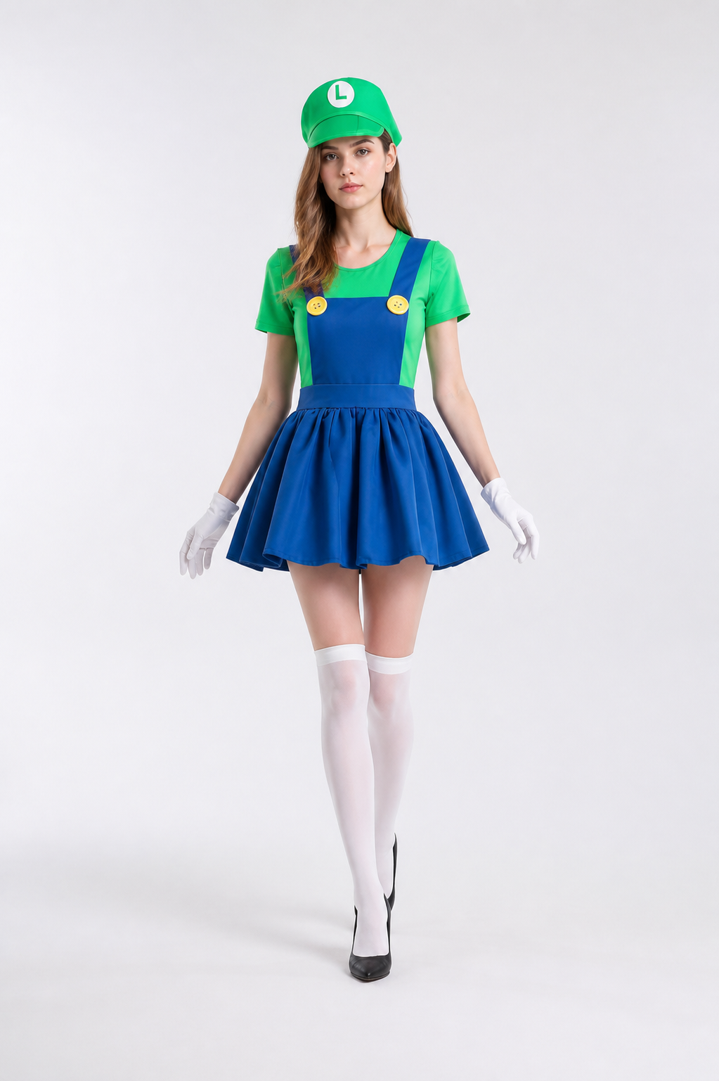 Green and Blue Luigi Costume with Hat and Gloves Costume Headwear detail 2