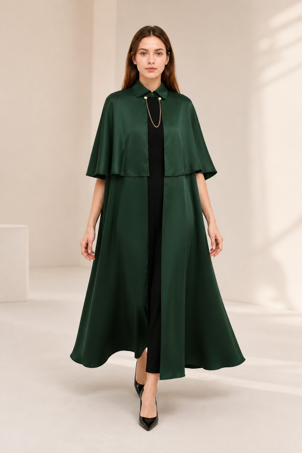 Cape Cloak with Stand Collar and Gold-Tone Chain Costume Capes detail