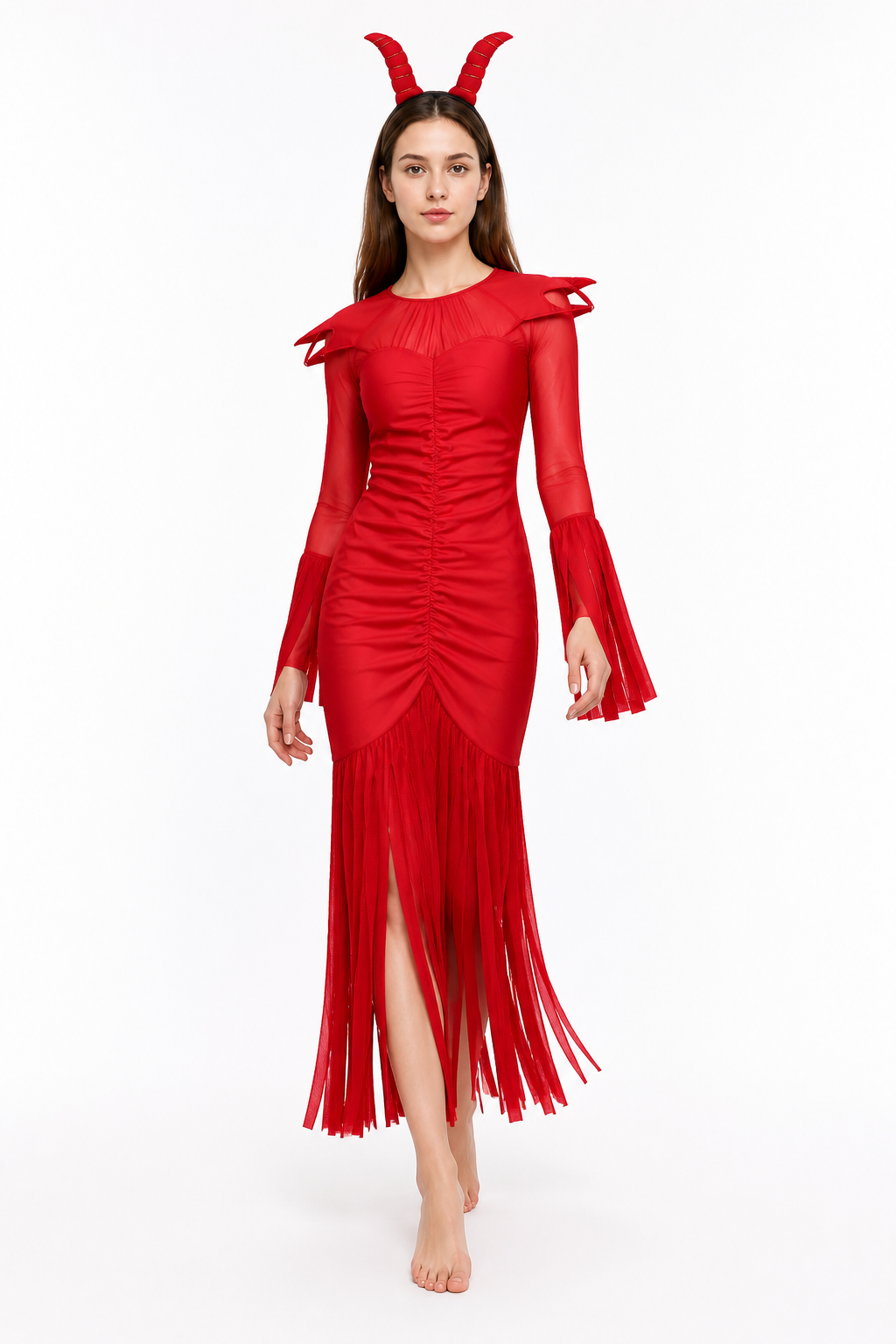 Devil Costume with Horns, Red Long Dress Costume Dresses detail 2