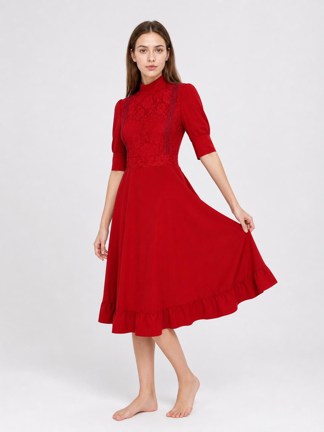 Red Pearl Cosplay Dress with High Collar