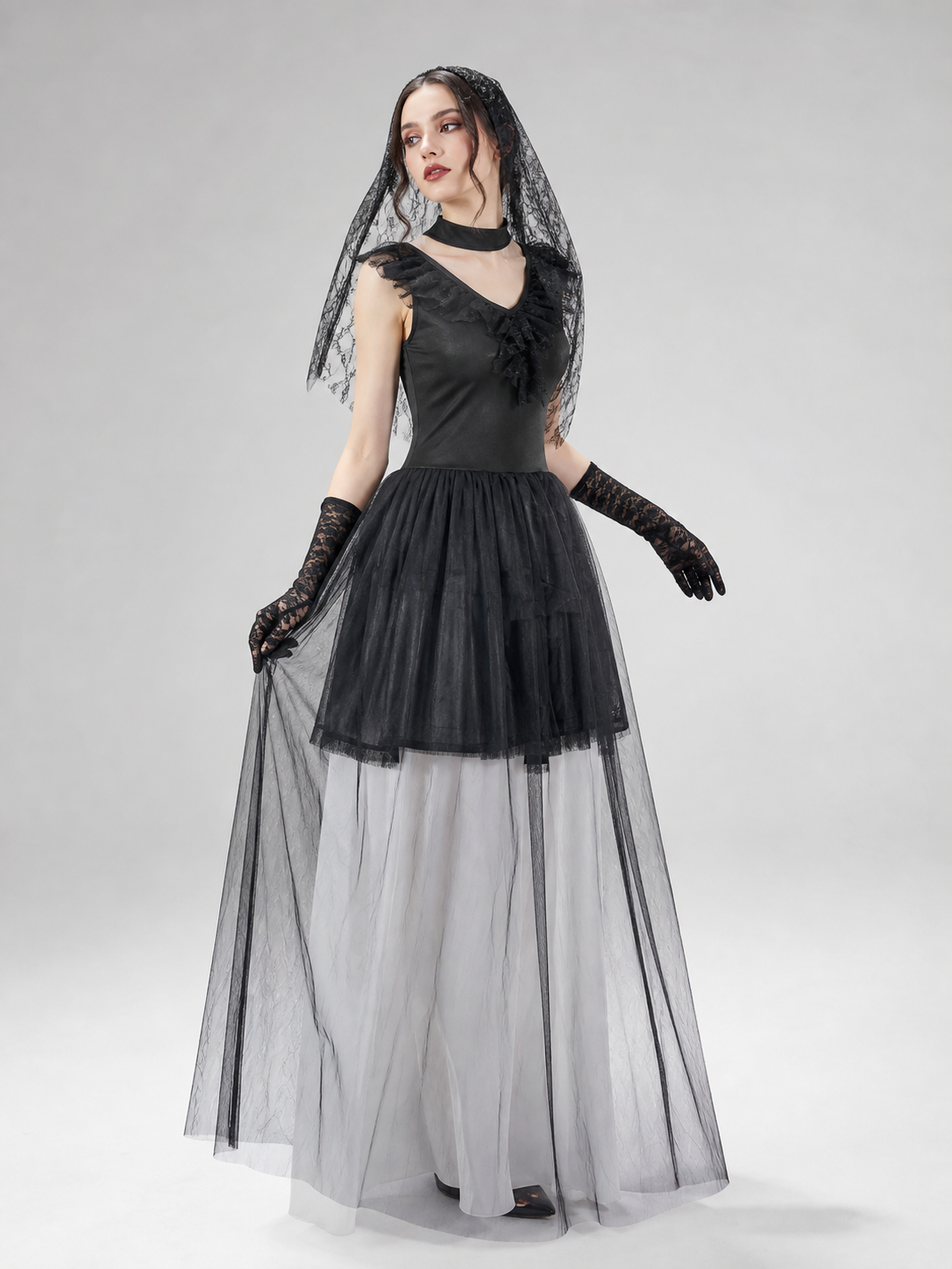 Gothic Dress with Veil and Long Gloves
