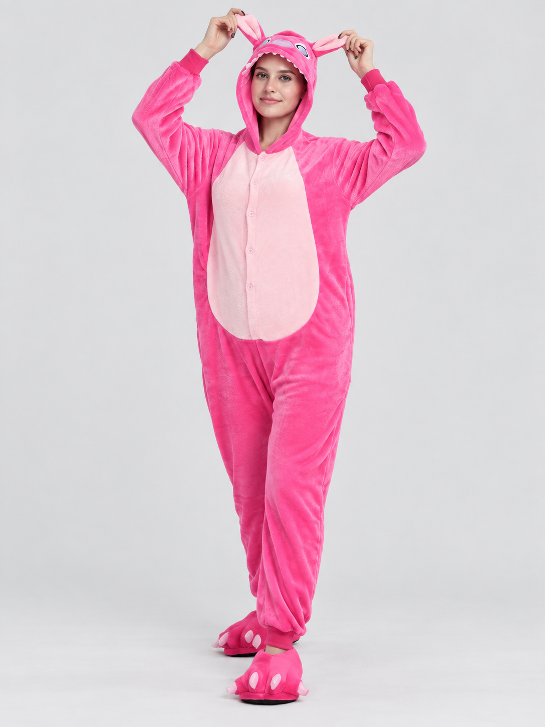 Bright Pink Hooded Pajama Jumpsuit with Ears