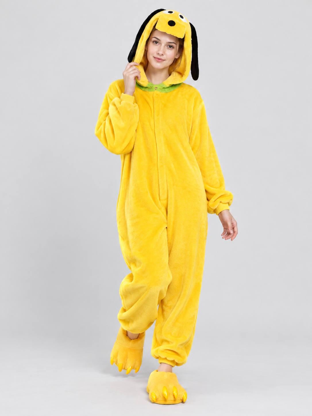 Yellow Flannel Hooded Pajama Jumpsuit with Character Face