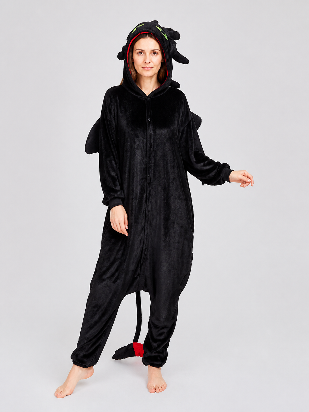 Black Flannel Kigurumi Pajama Jumpsuit with Hood product detail 2