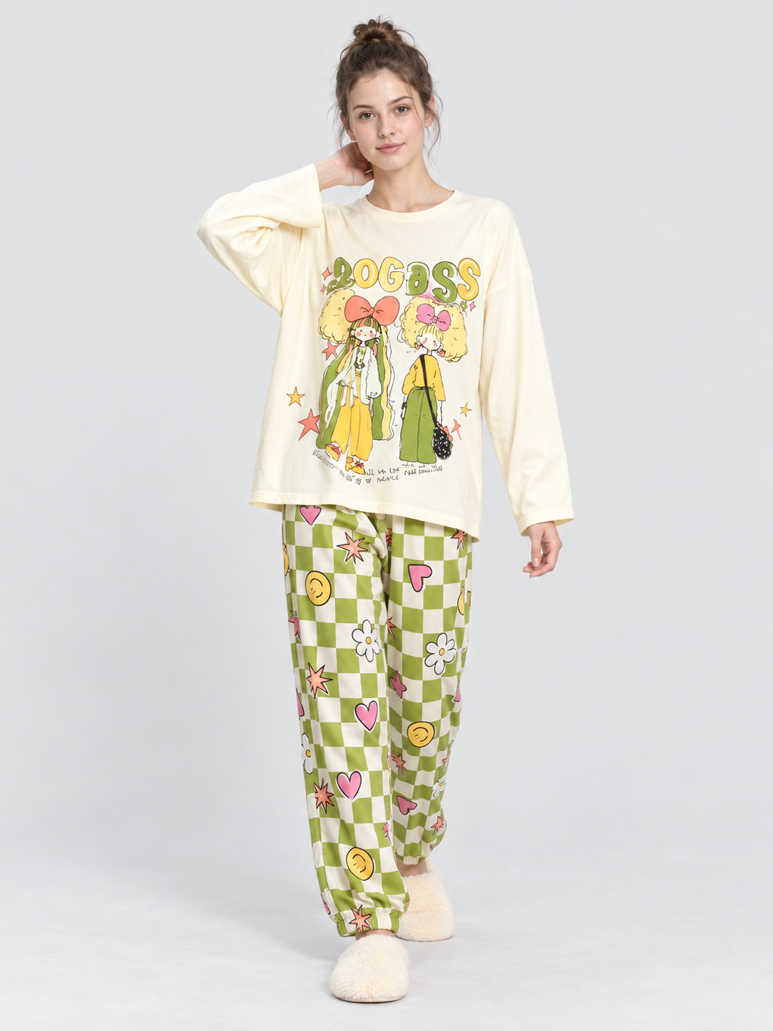 Pajama Set with Cartoon Print and Plaid Pants
