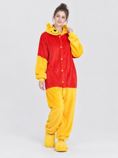 Red and yellow pajama jumpsuit with bear ears