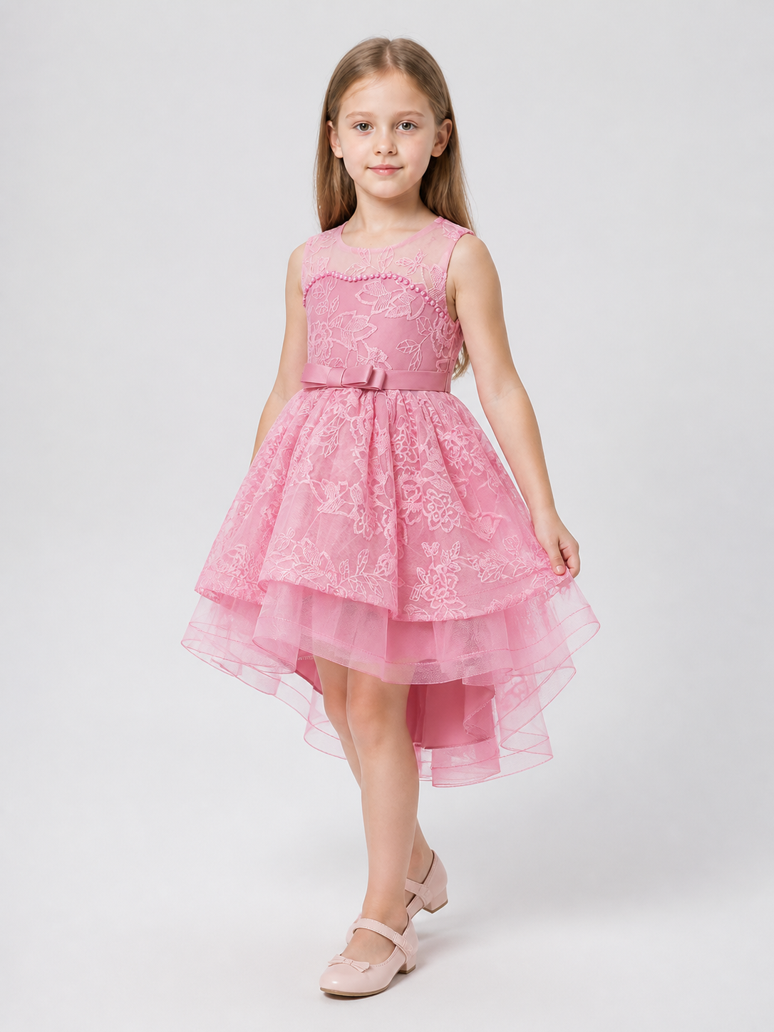 Pink Princess Dress with Bow and Lace Embroidery Costume Dresses detail 2