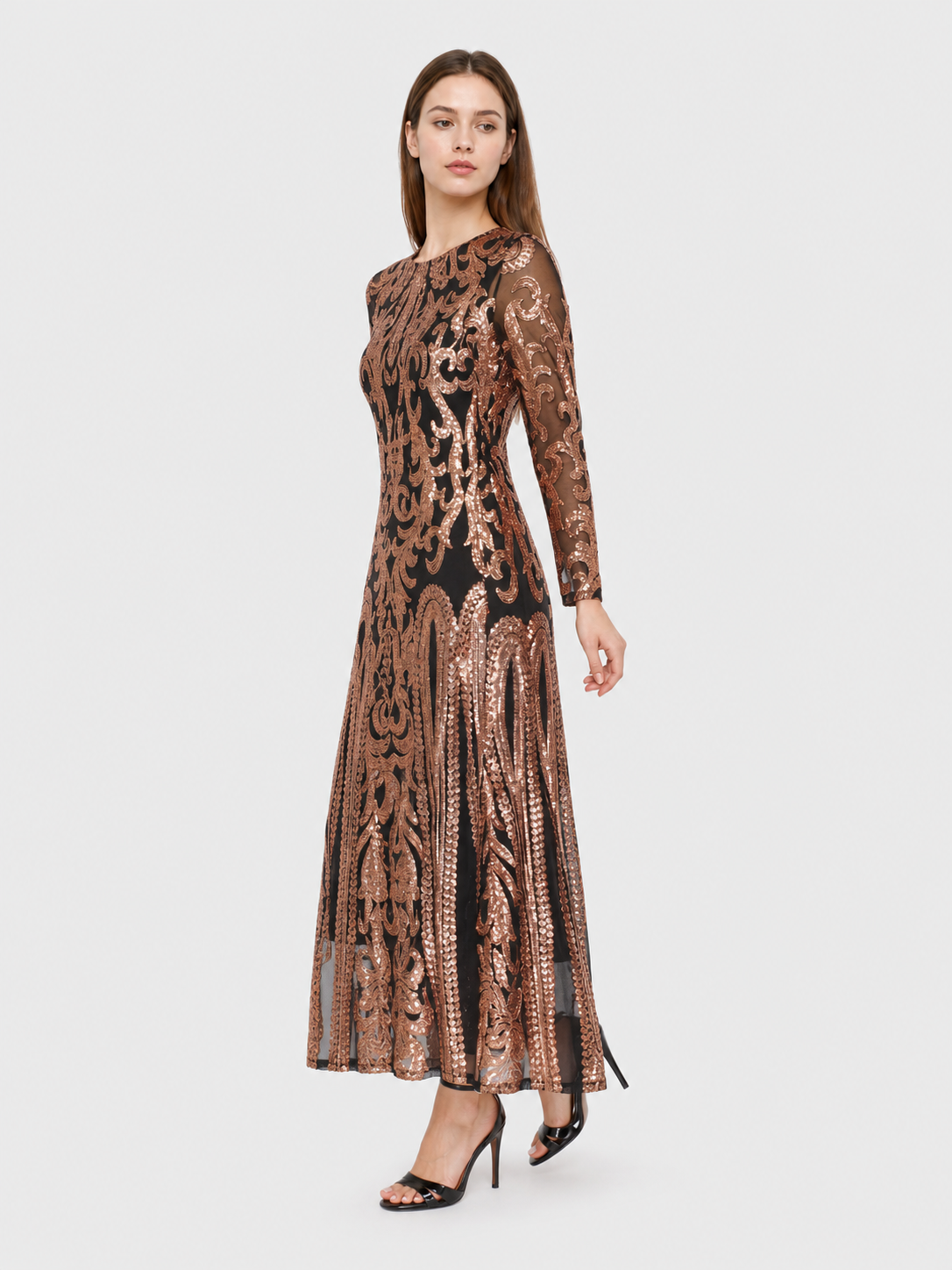 Long Sequin Dress with Sheer Sleeves