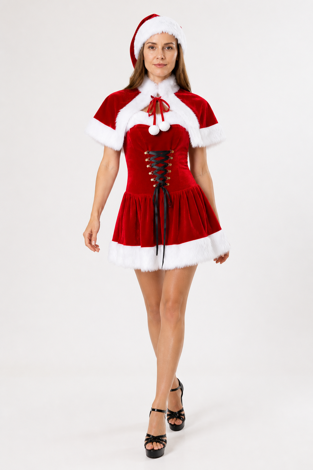 New Year's Dress with White Fur and Pom-Poms