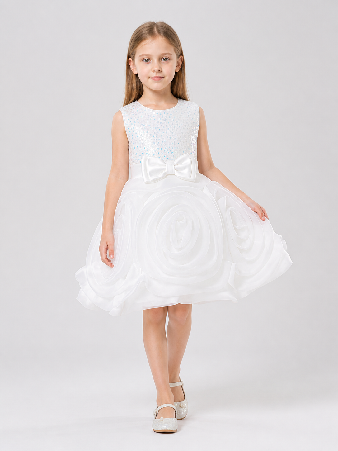 White Princess Dress for Girls with Sequins and Bow Costume Dresses detail 2