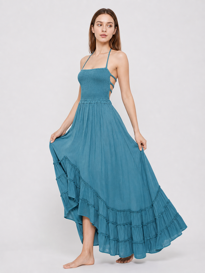 Boho Maxi Dress with an Open Back and Tiered Ruffles