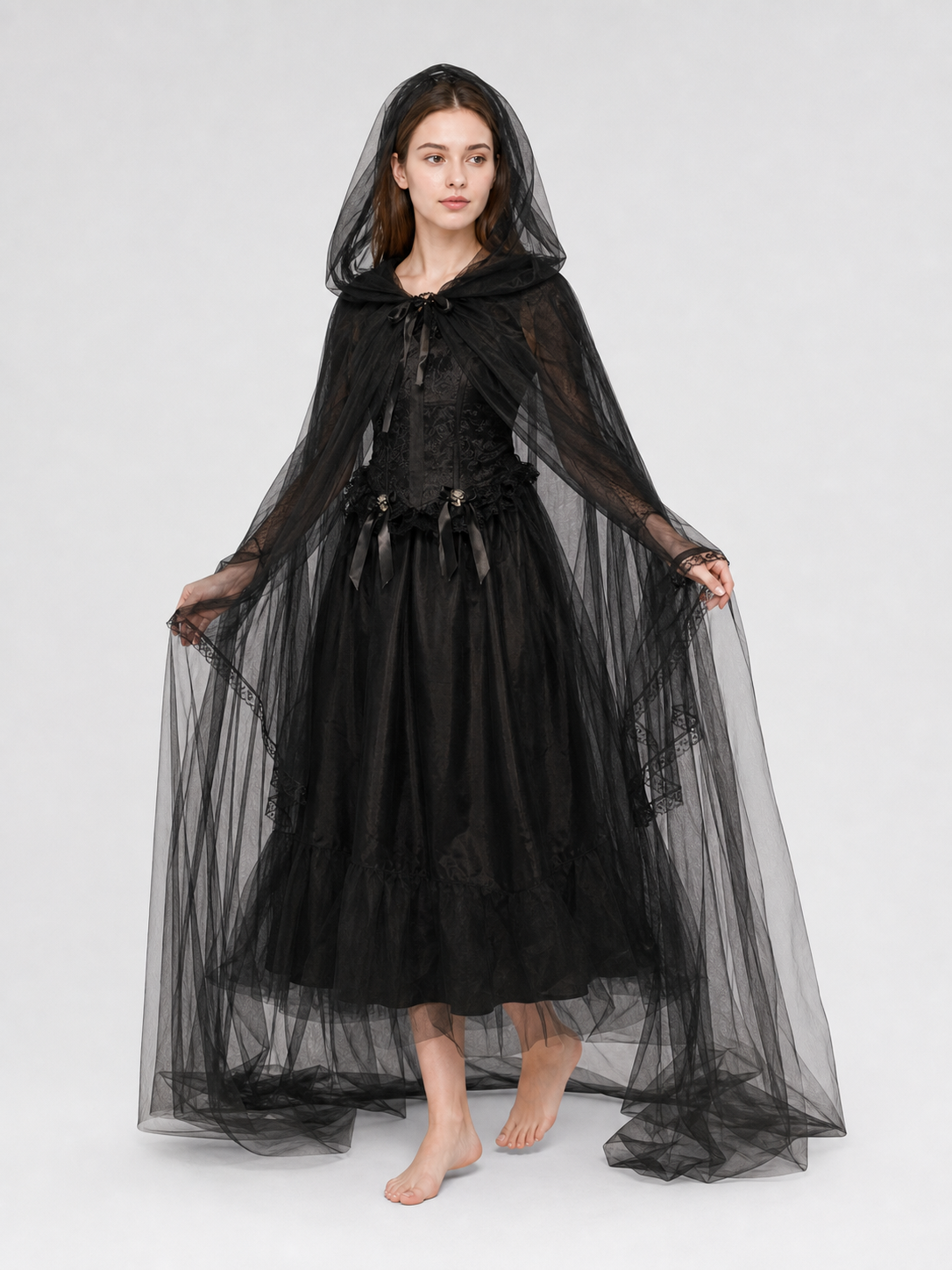Gothic hooded costume with a semi-sheer cape
