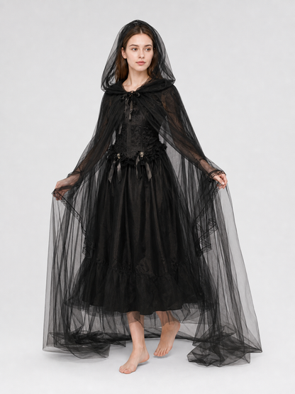 Gothic hooded costume with a semi-sheer cape