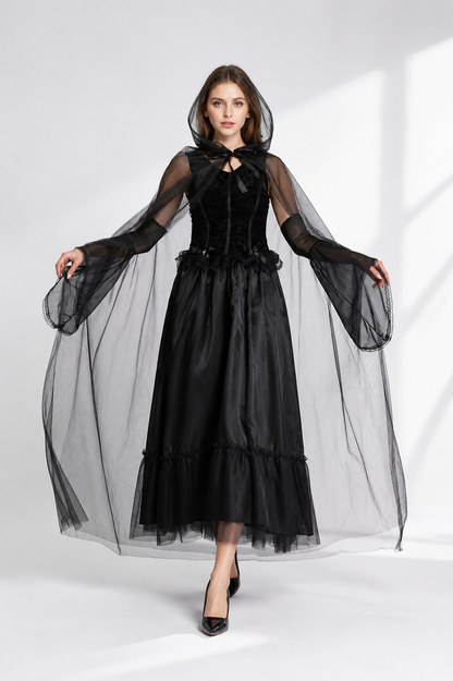 Black Long Dress with Cape for Halloween