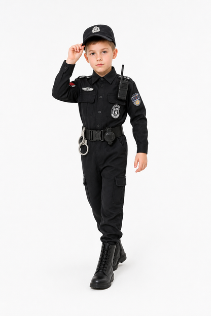 Black Children's Police Officer Costume with Cap and Belt Costume Headwear detail 2