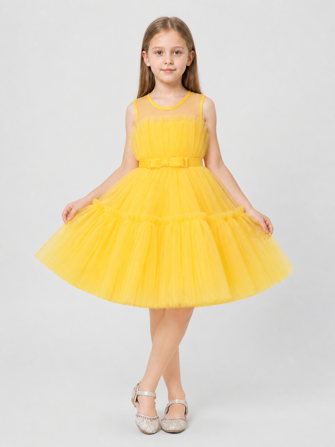 Yellow Princess Dress for Girls, Full Skirt, Bow Costume Dresses detail 2